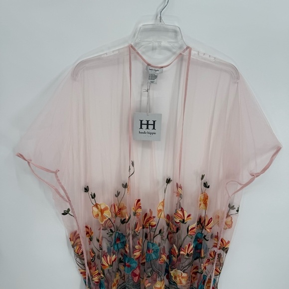 Haute Hippie Pink Mesh Floral Embroidered Fringe NWT Festival Kimono One Size - Picture 5 of 11